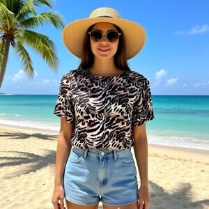 Vintage 80s-90s 100% Silk Leopard Animal Print Blouse Lightweight Top Women MP